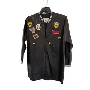 It Girl Black Patch Bomber Jacket Womens Large TJ53 Star‎ Studded Zip Up Tunic